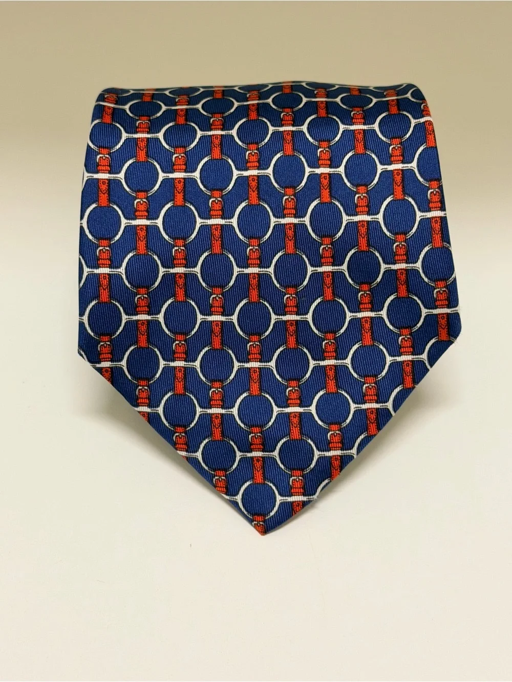 Hermes Men's Tie Honeycomb Bridle Clover Chain Navy/Red Designer 627 TA